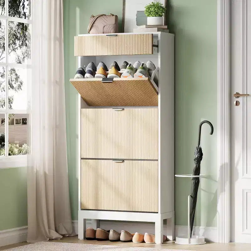 Meuble à chaussures à 3 tiroirs basculants, style ferme, avec pieds en métal, rangement fin et étroit sur pied