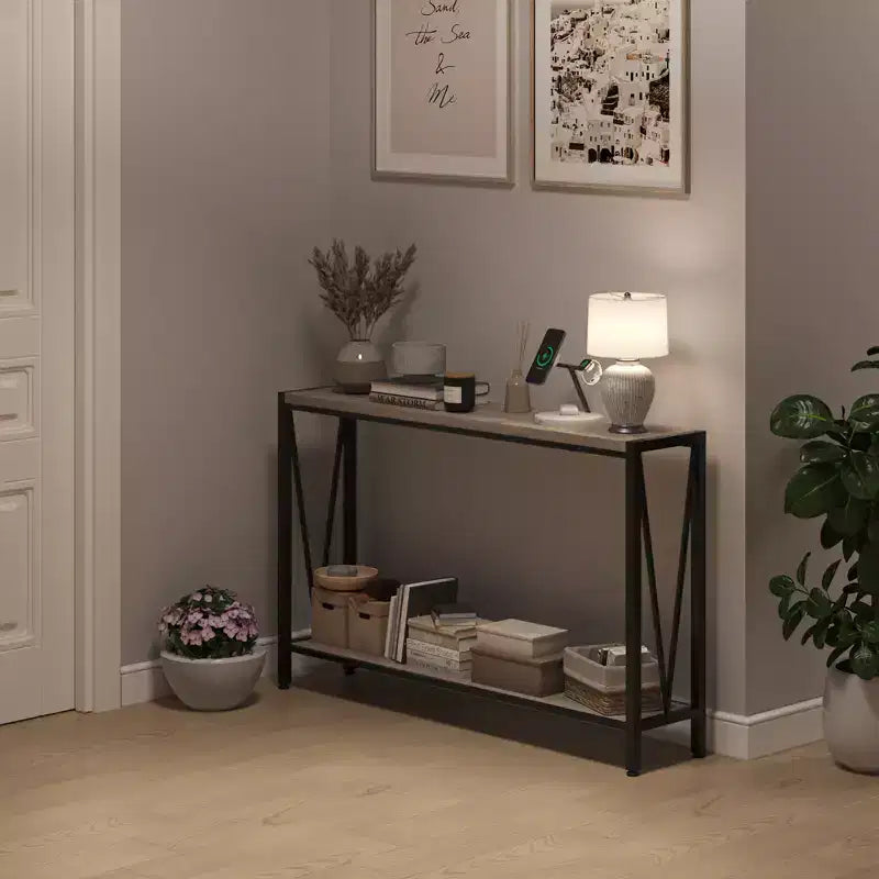 Console - Table d'entrée avec rangement, table de canapé industrielle avec motif en V, design étroit à 2 niveaux pour entrée, salon, couloir, hall d'entrée