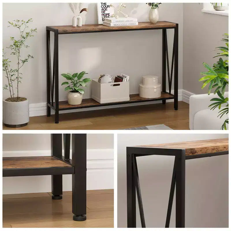 Console - Table d'entrée avec rangement, table de canapé industrielle avec motif en V, design étroit à 2 niveaux pour entrée, salon, couloir, hall d'entrée