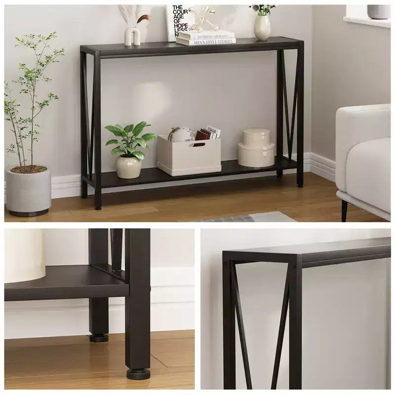 Console - Table d'entrée avec rangement, table de canapé industrielle avec motif en V, design étroit à 2 niveaux pour entrée, salon, couloir, hall d'entrée