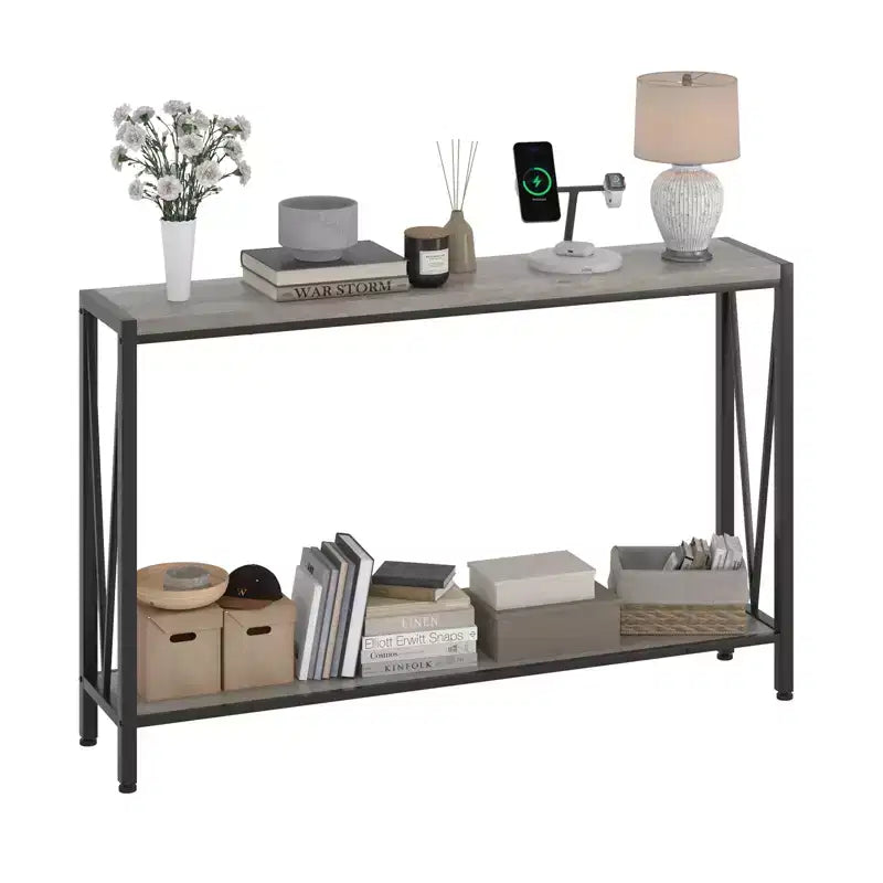 Console - Table d'entrée avec rangement, table de canapé industrielle avec motif en V, design étroit à 2 niveaux pour entrée, salon, couloir, hall d'entrée