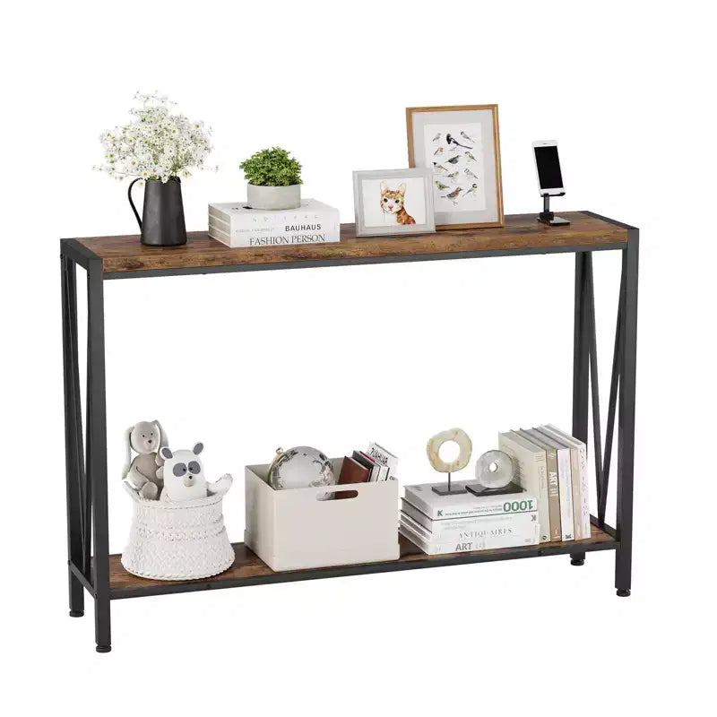 Console - Table d'entrée avec rangement, table de canapé industrielle avec motif en V, design étroit à 2 niveaux pour entrée, salon, couloir, hall d'entrée