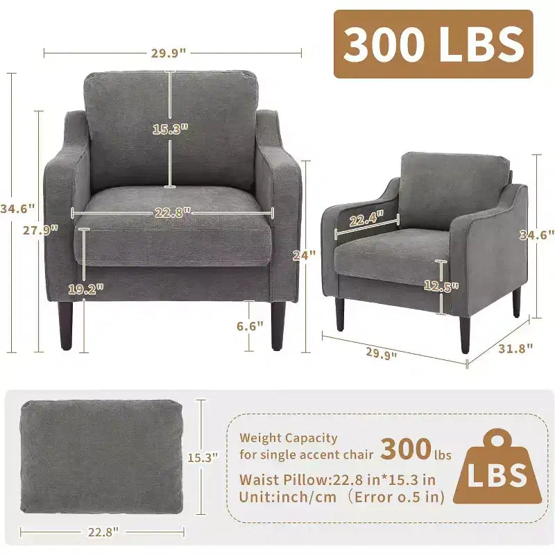 Fauteuil d'appoint moderne du milieu du siècle avec haut dossier, fauteuil rembourré en lin pour salon, chambre ou bureau, fauteuil de lecture compact et confortable.