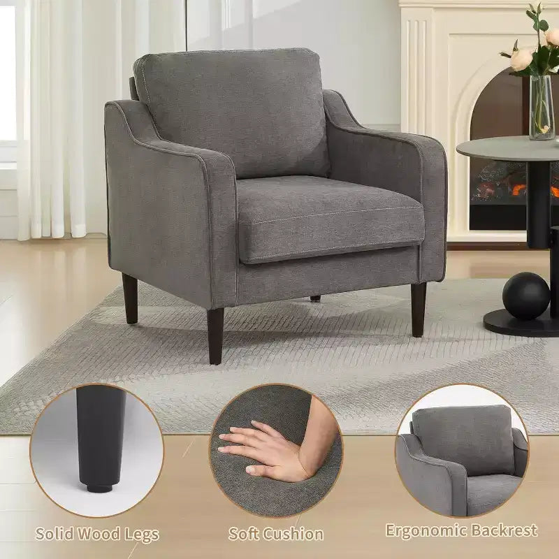 Fauteuil d'appoint moderne du milieu du siècle avec haut dossier, fauteuil rembourré en lin pour salon, chambre ou bureau, fauteuil de lecture compact et confortable.