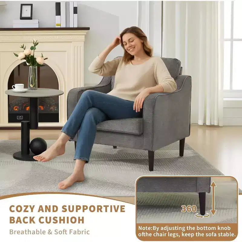Fauteuil d'appoint moderne du milieu du siècle avec haut dossier, fauteuil rembourré en lin pour salon, chambre ou bureau, fauteuil de lecture compact et confortable.