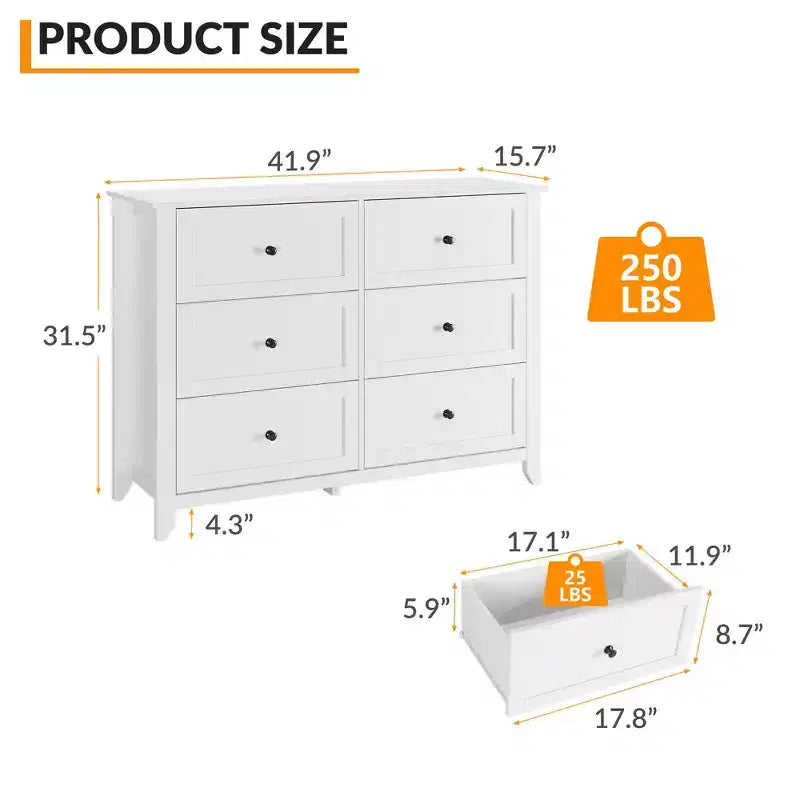 Commode à 6 tiroirs Meuble TV pour téléviseurs de 48 pouces, commode en bois moderne pour chambre, salon et couloir