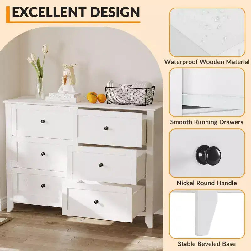 Commode à 6 tiroirs Meuble TV pour téléviseurs de 48 pouces, commode en bois moderne pour chambre, salon et couloir