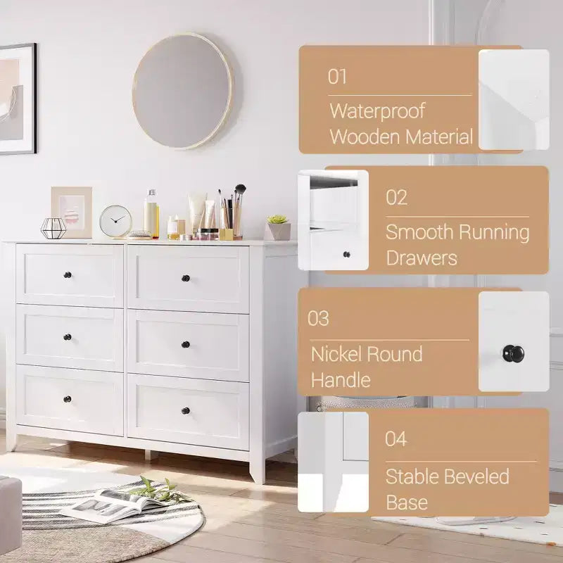 Commode à 6 tiroirs Meuble TV pour téléviseurs de 48 pouces, commode en bois moderne pour chambre, salon et couloir