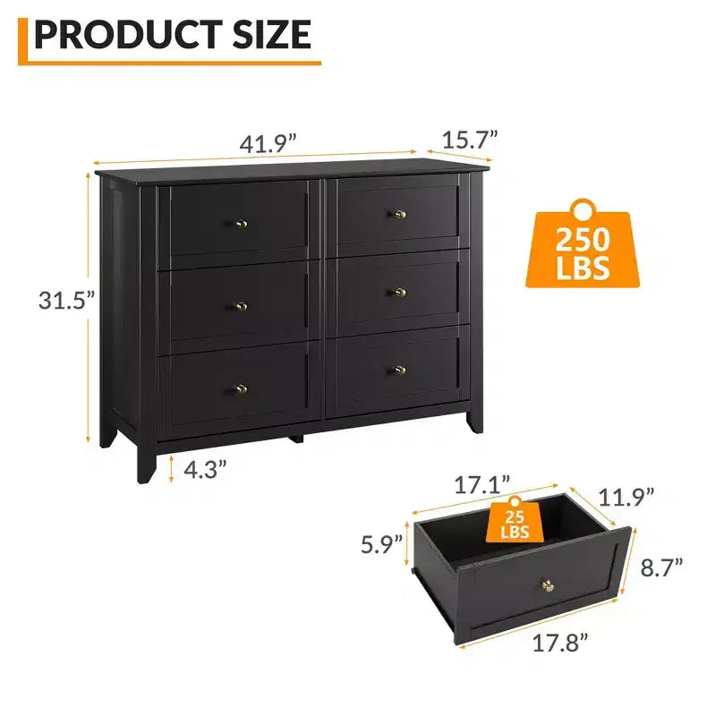 Commode à 6 tiroirs Meuble TV pour téléviseurs de 48 pouces, commode en bois moderne pour chambre, salon et couloir