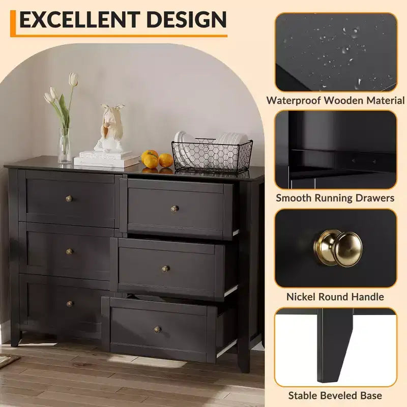 Commode à 6 tiroirs Meuble TV pour téléviseurs de 48 pouces, commode en bois moderne pour chambre, salon et couloir
