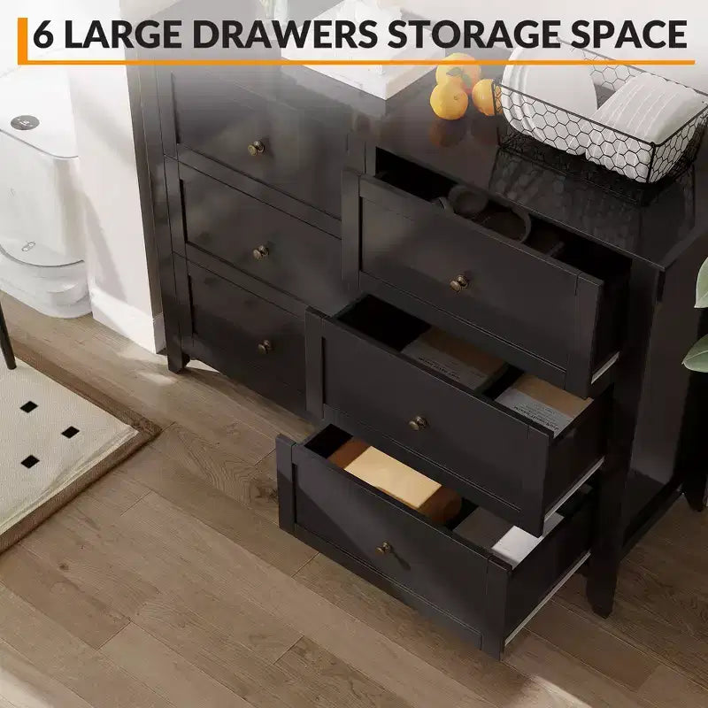 Commode à 6 tiroirs Meuble TV pour téléviseurs de 48 pouces, commode en bois moderne pour chambre, salon et couloir
