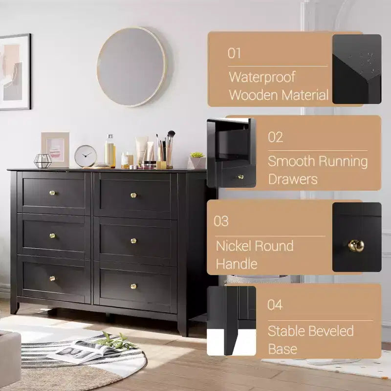 Commode à 6 tiroirs Meuble TV pour téléviseurs de 48 pouces, commode en bois moderne pour chambre, salon et couloir