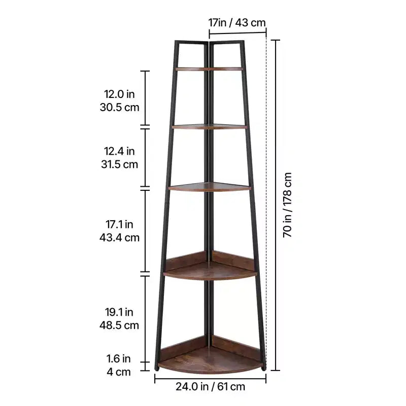 Étagère d'angle à 5 niveaux, bibliothèque d'angle haute de 178 cm avec cadre en métal et étagères en bois, étagère échelle d'angle industrielle pour salon, marron