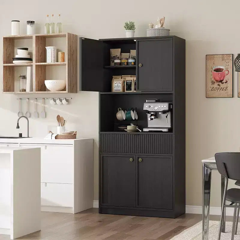 Grand meuble de garde-manger avec étagère à micro-ondes et tiroir, armoire de rangement de cuisine de 178 cm avec portes, placard autonome cannelé, pour salle à manger