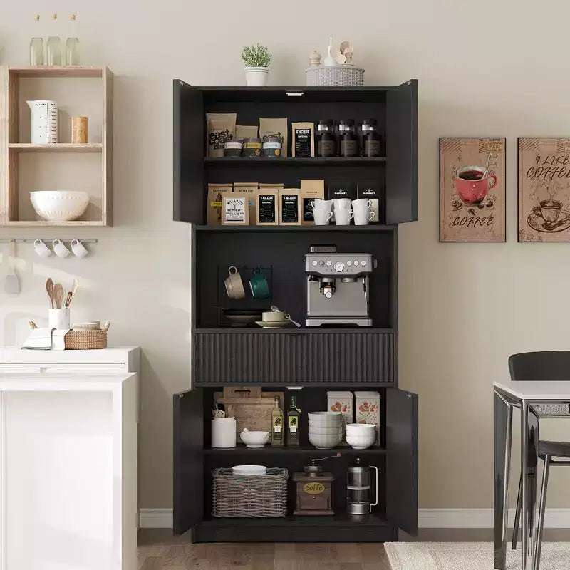 Grand meuble de garde-manger avec étagère à micro-ondes et tiroir, armoire de rangement de cuisine de 178 cm avec portes, placard autonome cannelé, pour salle à manger
