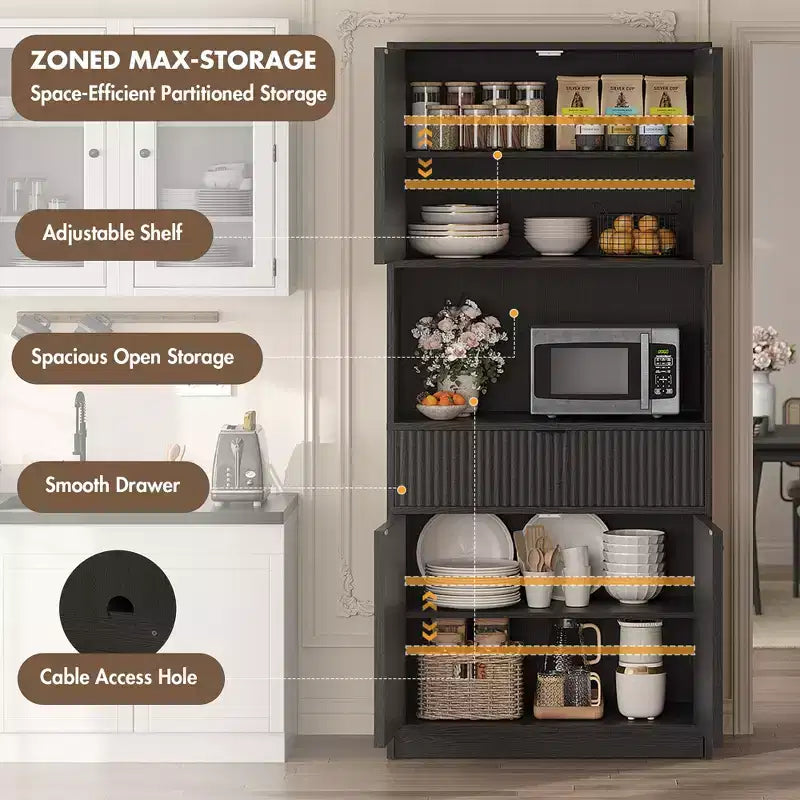 Grand meuble de garde-manger avec étagère à micro-ondes et tiroir, armoire de rangement de cuisine de 178 cm avec portes, placard autonome cannelé, pour salle à manger