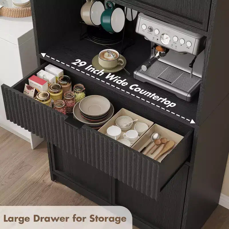 Grand meuble de garde-manger avec étagère à micro-ondes et tiroir, armoire de rangement de cuisine de 178 cm avec portes, placard autonome cannelé, pour salle à manger
