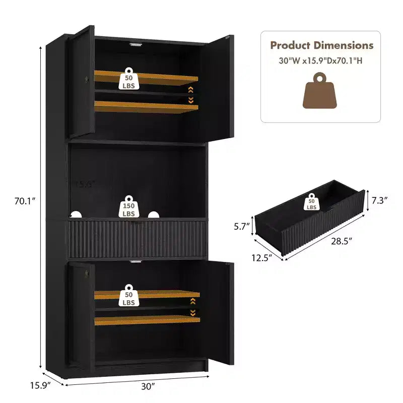 Grand meuble de garde-manger avec étagère à micro-ondes et tiroir, armoire de rangement de cuisine de 178 cm avec portes, placard autonome cannelé, pour salle à manger