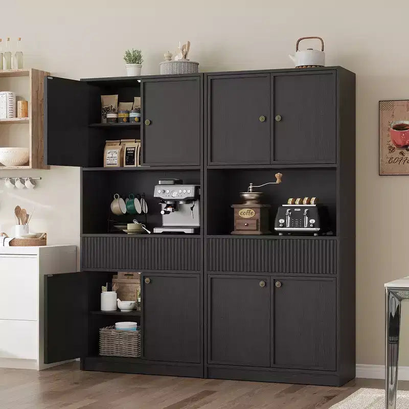 Grand meuble de garde-manger avec étagère à micro-ondes et tiroir, armoire de rangement de cuisine de 178 cm avec portes, placard autonome cannelé, pour salle à manger