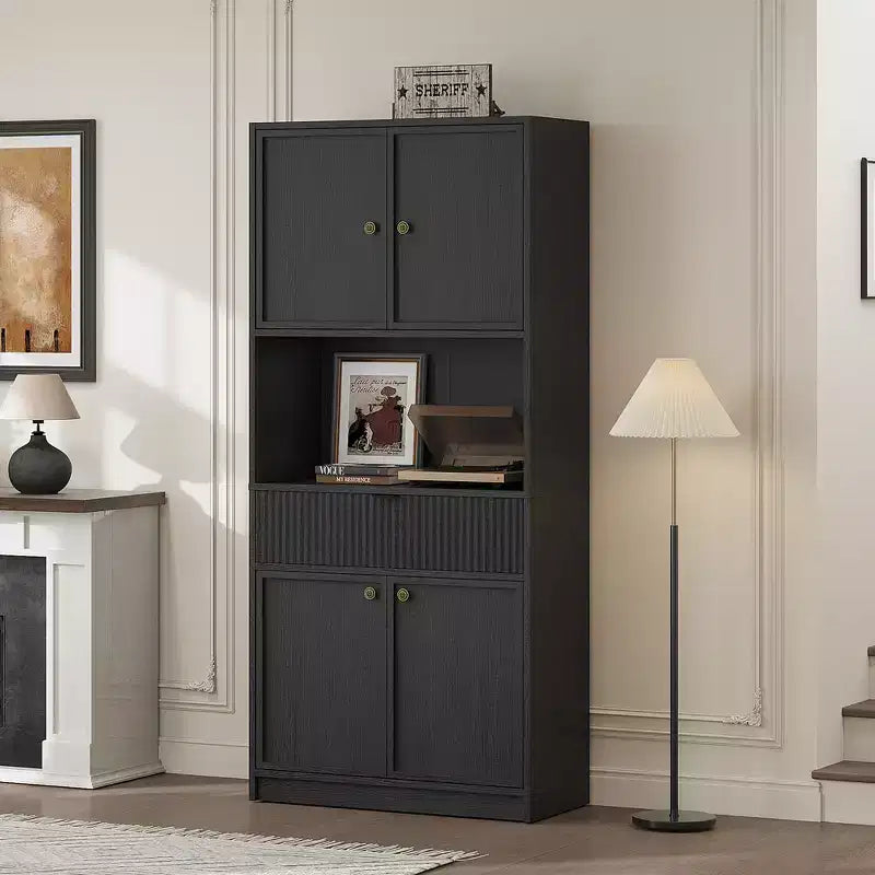 Grand meuble de garde-manger avec étagère à micro-ondes et tiroir, armoire de rangement de cuisine de 178 cm avec portes, placard autonome cannelé, pour salle à manger
