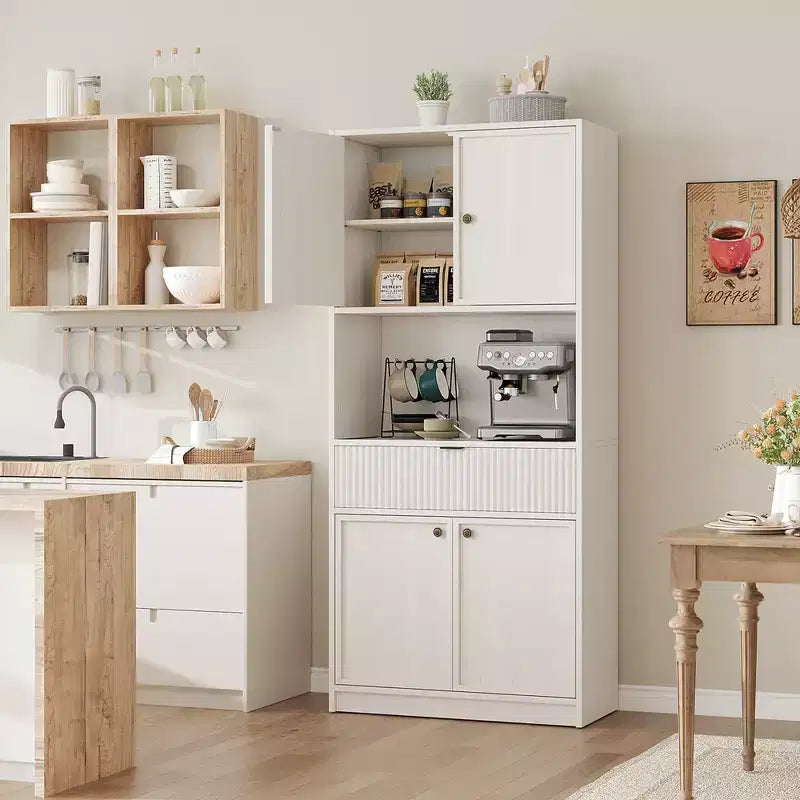 Grand meuble de garde-manger avec étagère à micro-ondes et tiroir, armoire de rangement de cuisine de 178 cm avec portes, placard autonome cannelé, pour salle à manger