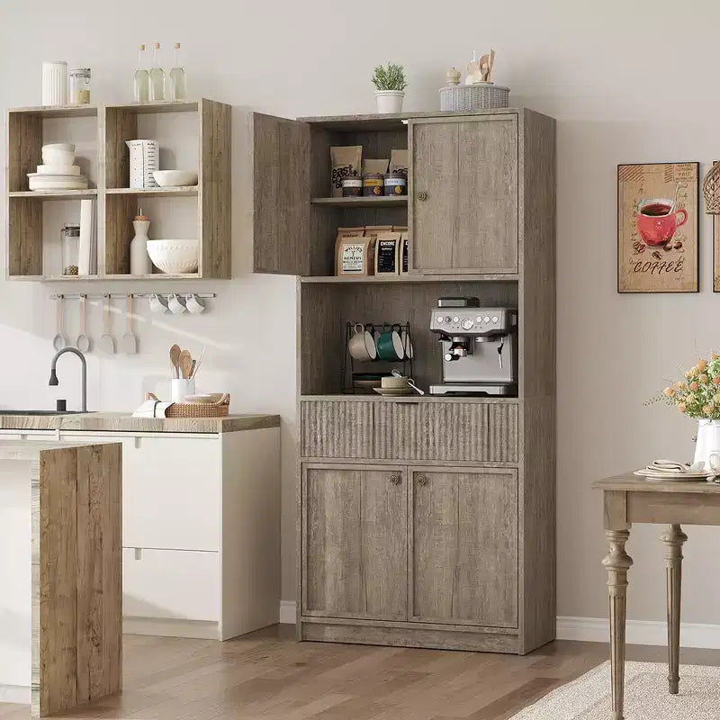 Grand meuble de garde-manger avec étagère à micro-ondes et tiroir, armoire de rangement de cuisine de 178 cm avec portes, placard autonome cannelé, pour salle à manger