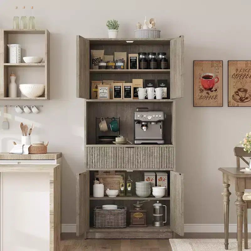 Grand meuble de garde-manger avec étagère à micro-ondes et tiroir, armoire de rangement de cuisine de 178 cm avec portes, placard autonome cannelé, pour salle à manger