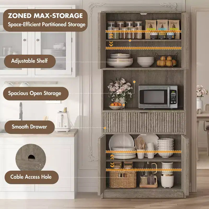 Grand meuble de garde-manger avec étagère à micro-ondes et tiroir, armoire de rangement de cuisine de 178 cm avec portes, placard autonome cannelé, pour salle à manger