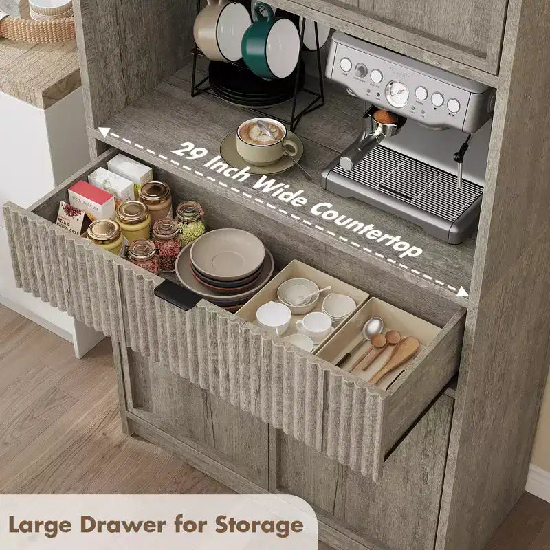 Grand meuble de garde-manger avec étagère à micro-ondes et tiroir, armoire de rangement de cuisine de 178 cm avec portes, placard autonome cannelé, pour salle à manger