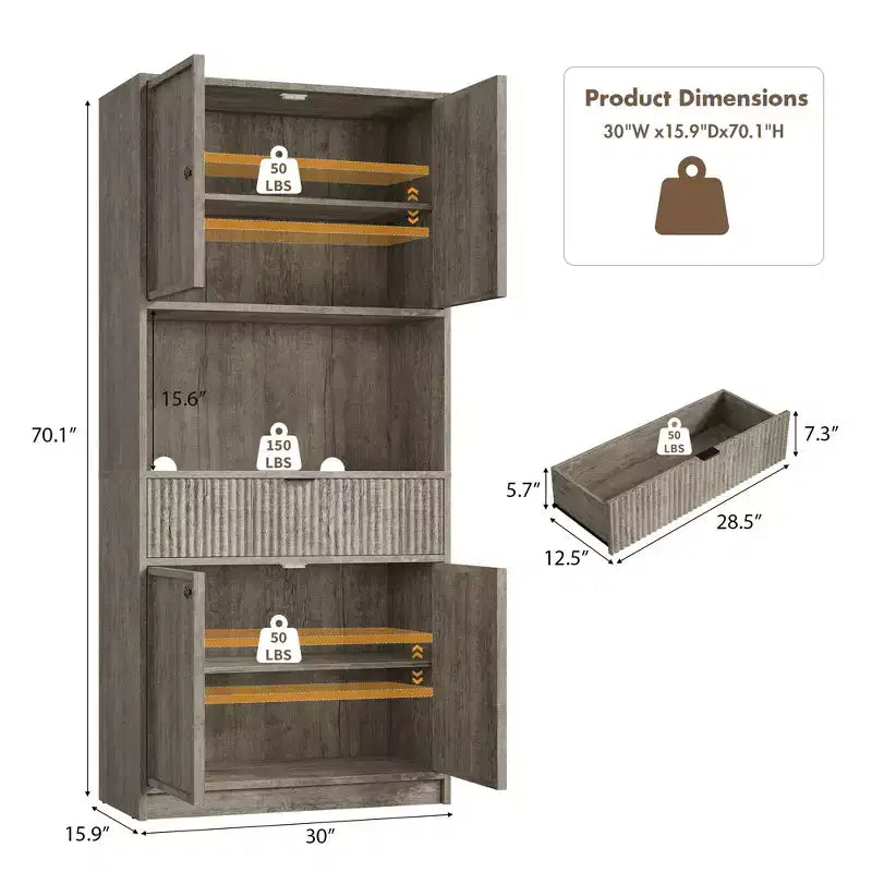 Grand meuble de garde-manger avec étagère à micro-ondes et tiroir, armoire de rangement de cuisine de 178 cm avec portes, placard autonome cannelé, pour salle à manger