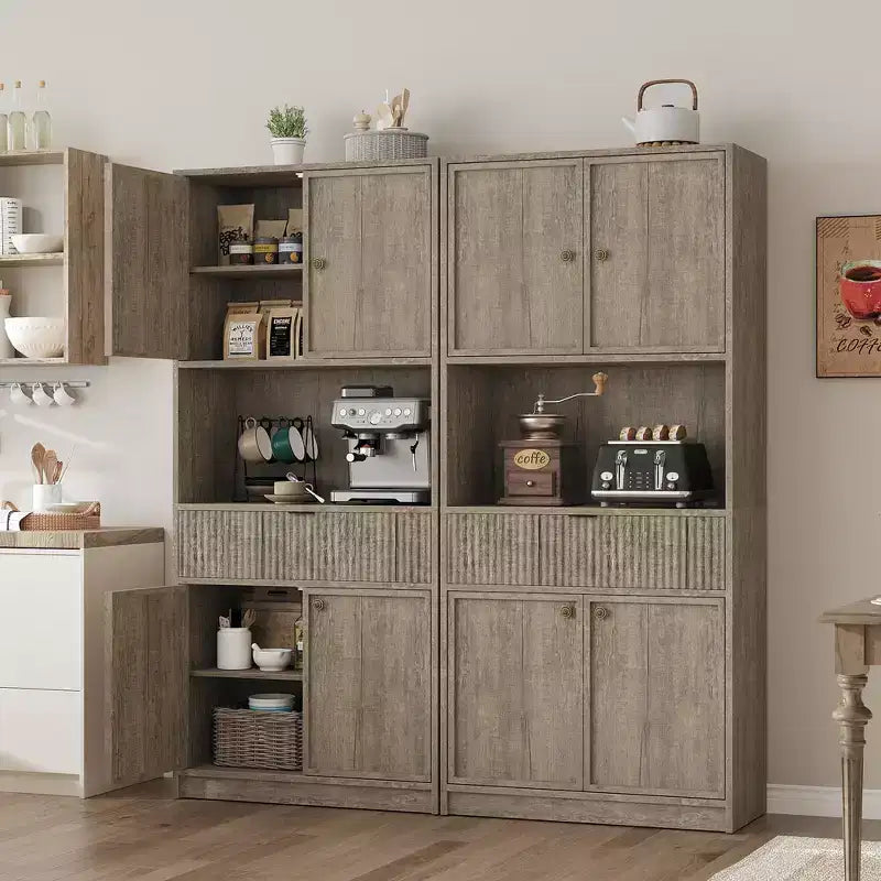 Grand meuble de garde-manger avec étagère à micro-ondes et tiroir, armoire de rangement de cuisine de 178 cm avec portes, placard autonome cannelé, pour salle à manger