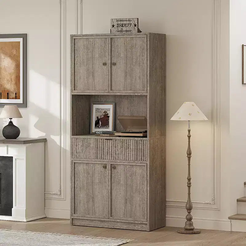 Grand meuble de garde-manger avec étagère à micro-ondes et tiroir, armoire de rangement de cuisine de 178 cm avec portes, placard autonome cannelé, pour salle à manger