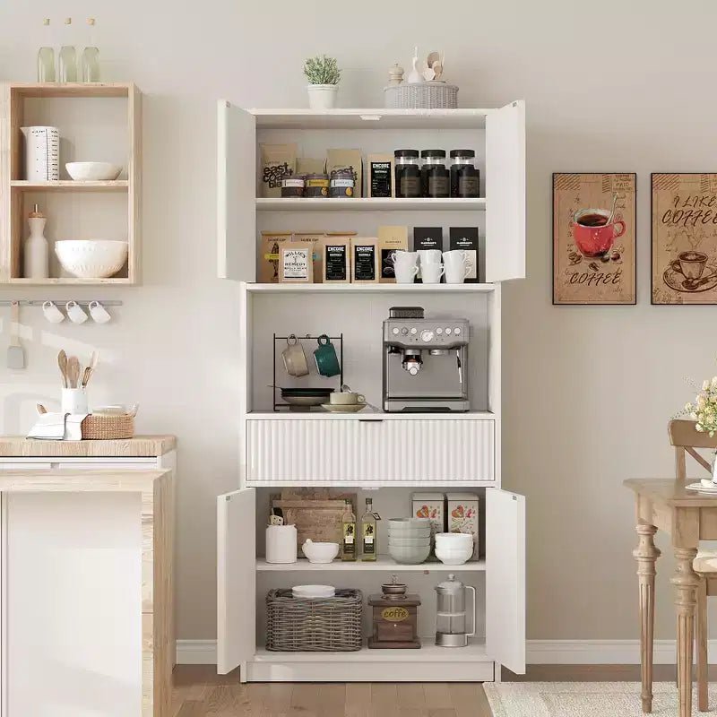 Grand meuble de garde-manger avec étagère à micro-ondes et tiroir, armoire de rangement de cuisine de 178 cm avec portes, placard autonome cannelé, pour salle à manger
