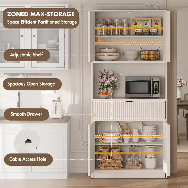 Grand meuble de garde-manger avec étagère à micro-ondes et tiroir, armoire de rangement de cuisine de 178 cm avec portes, placard autonome cannelé, pour salle à manger