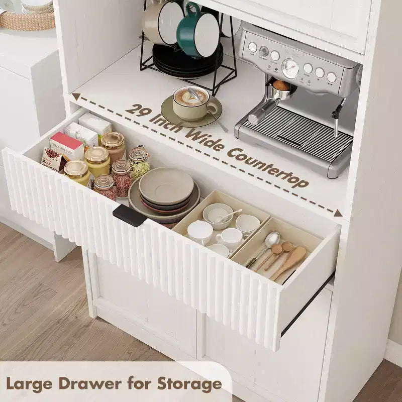 Grand meuble de garde-manger avec étagère à micro-ondes et tiroir, armoire de rangement de cuisine de 178 cm avec portes, placard autonome cannelé, pour salle à manger