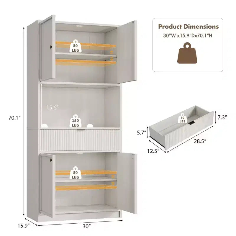 Grand meuble de garde-manger avec étagère à micro-ondes et tiroir, armoire de rangement de cuisine de 178 cm avec portes, placard autonome cannelé, pour salle à manger