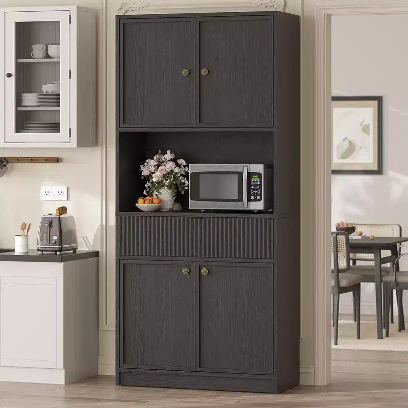 Grand meuble de garde-manger avec étagère à micro-ondes et tiroir, armoire de rangement de cuisine de 178 cm avec portes, placard autonome cannelé, pour salle à manger