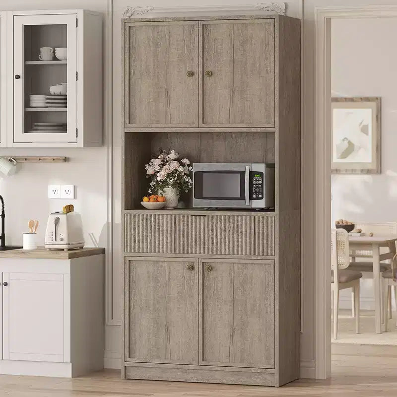 Grand meuble de garde-manger avec étagère à micro-ondes et tiroir, armoire de rangement de cuisine de 178 cm avec portes, placard autonome cannelé, pour salle à manger