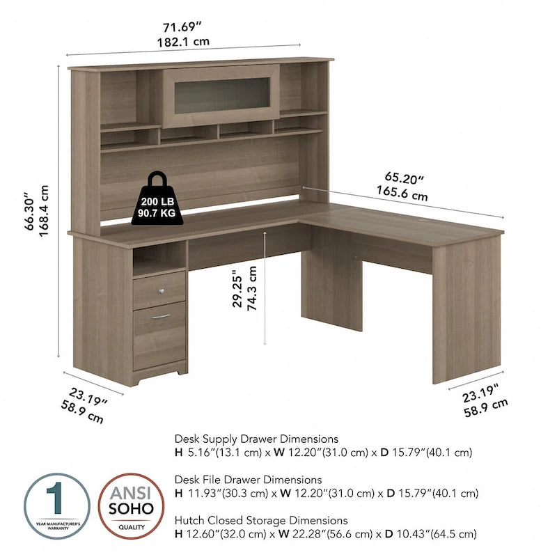 Bureau d'ordinateur en L de 72 po avec huche et tiroirs par Bush Furniture