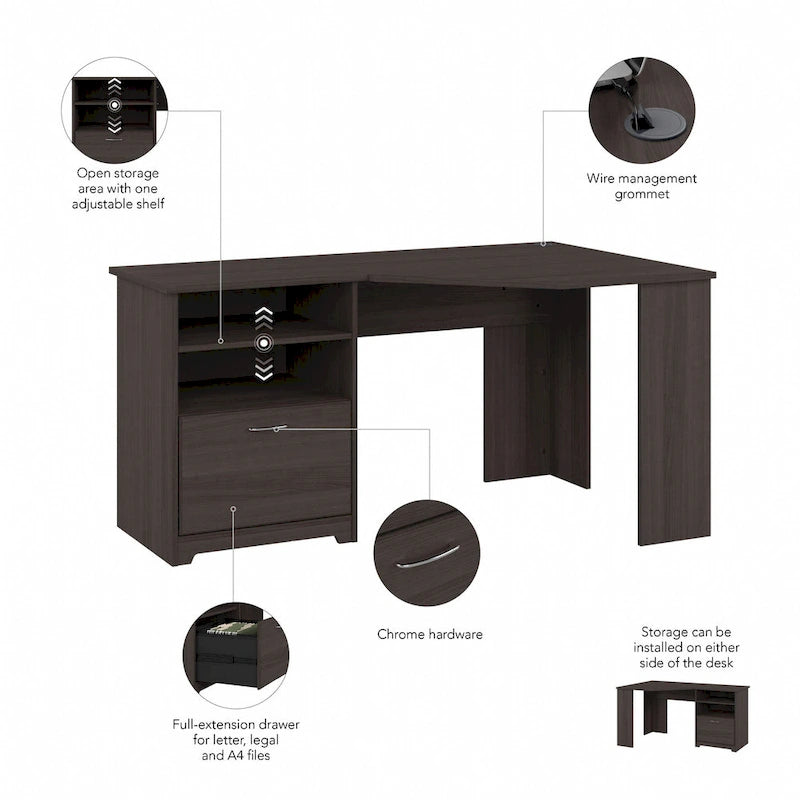 Bush Furniture Cabot Bureau d'angle de 60 po avec rangement pour bureau à domicile