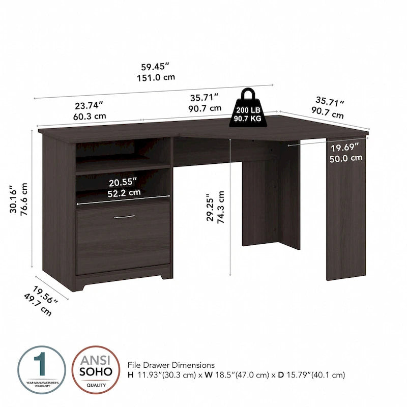 Bush Furniture Cabot Bureau d'angle de 60 po avec rangement pour bureau à domicile