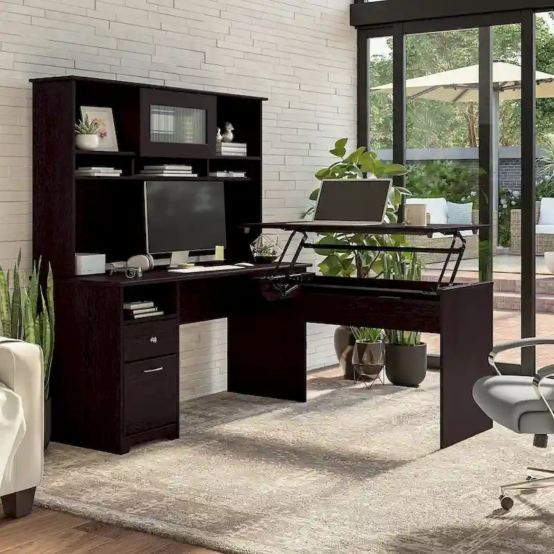 Bureau assis-debout en L 3 positions 60W avec huche, par Bush Furniture