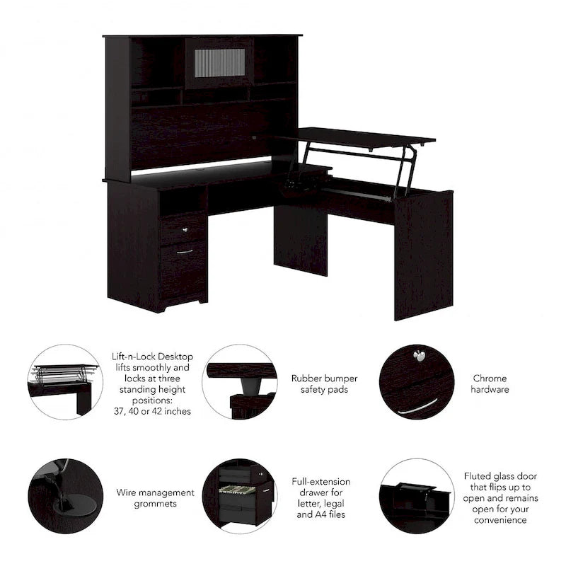 Bureau assis-debout en L 3 positions 60W avec huche, par Bush Furniture