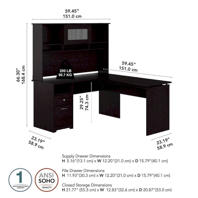 Bureau assis-debout en L 3 positions 60W avec huche, par Bush Furniture