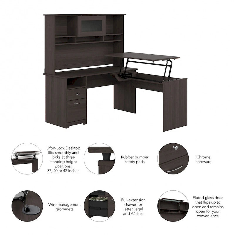 Bureau assis-debout en L 3 positions 60W avec huche, par Bush Furniture