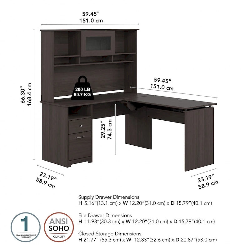 Bureau assis-debout en L 3 positions 60W avec huche, par Bush Furniture