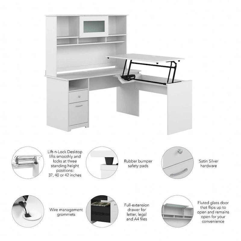 Bureau assis-debout en L 3 positions 60W avec huche, par Bush Furniture