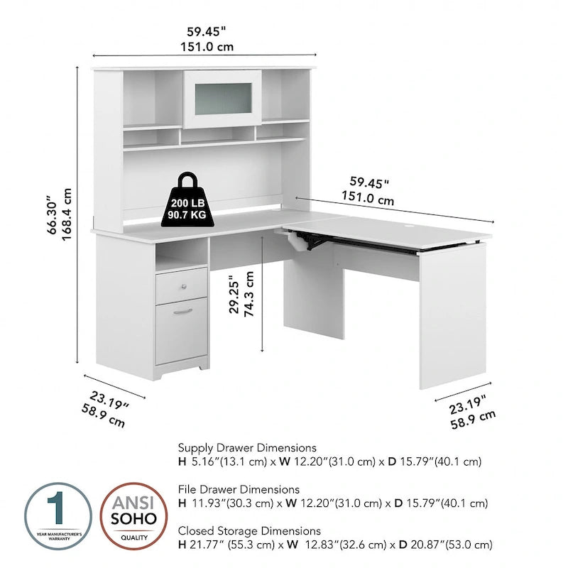 Bureau assis-debout en L 3 positions 60W avec huche, par Bush Furniture