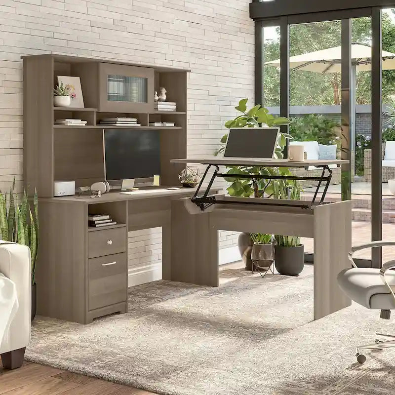 Bureau assis-debout en L 3 positions 60W avec huche, par Bush Furniture