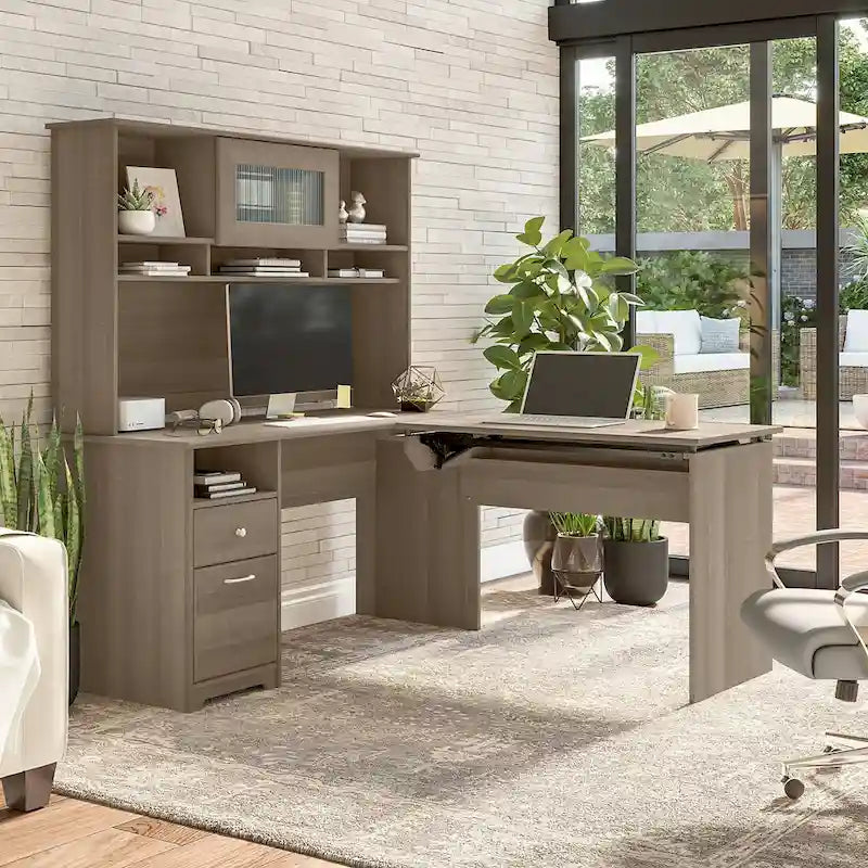 Bureau assis-debout en L 3 positions 60W avec huche, par Bush Furniture